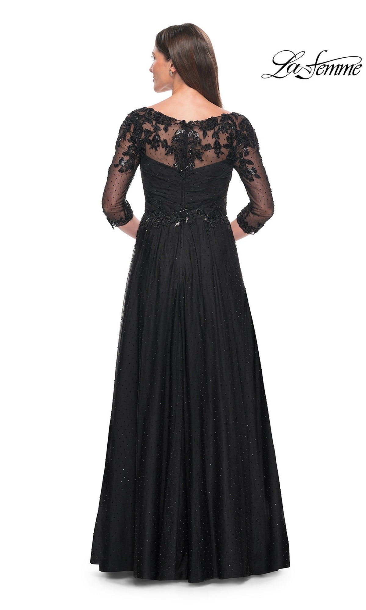 Back view of the Long Formal Dress: La Femme 31776, a black floor-length modest dress with three-quarter sleeves and sheer lace detailing on the shoulders and bodice.
